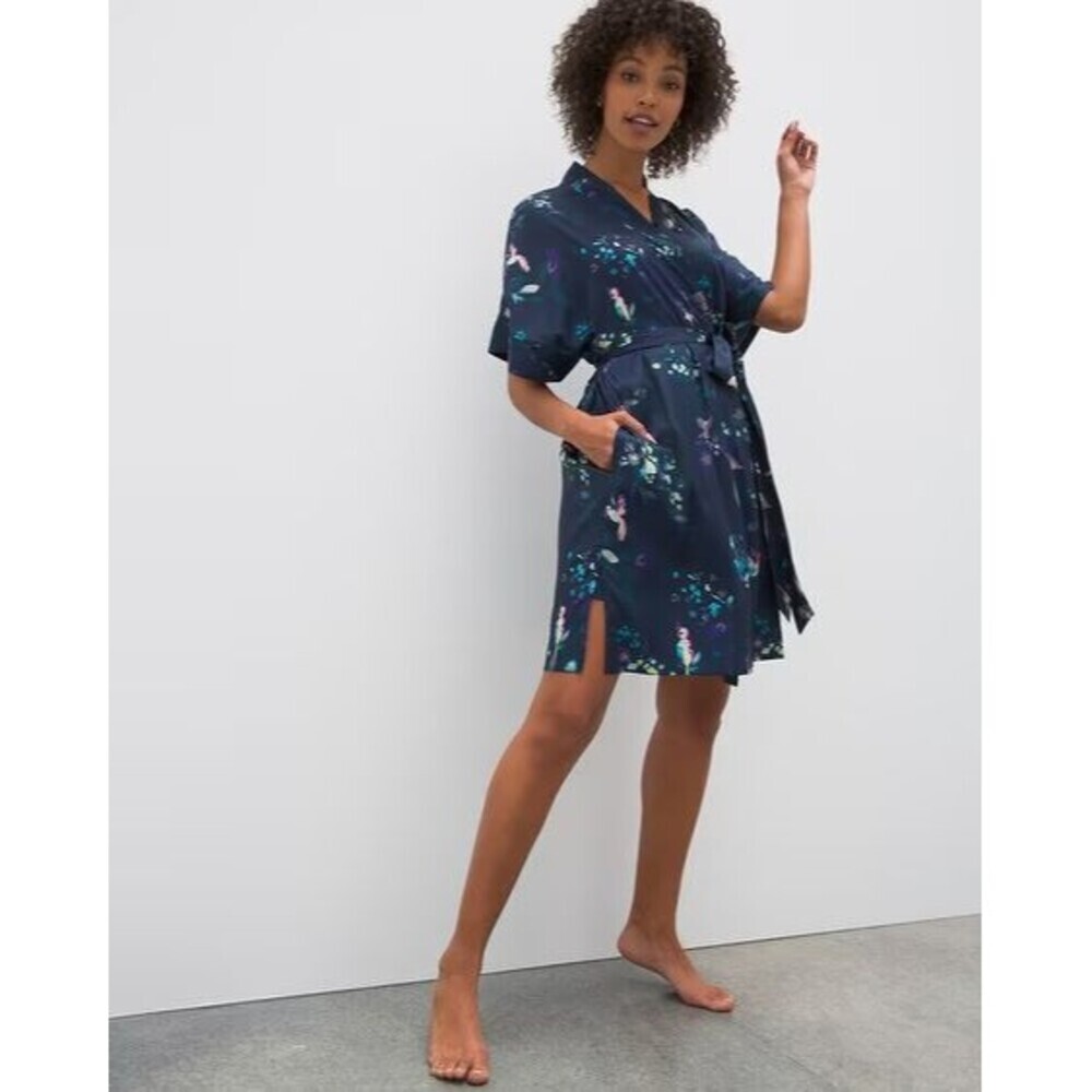 Soma Sensual Robe Wrap Kimono Floral Hummingbird Satin Boudoir Blue Size S/M - Picture 2 of 9